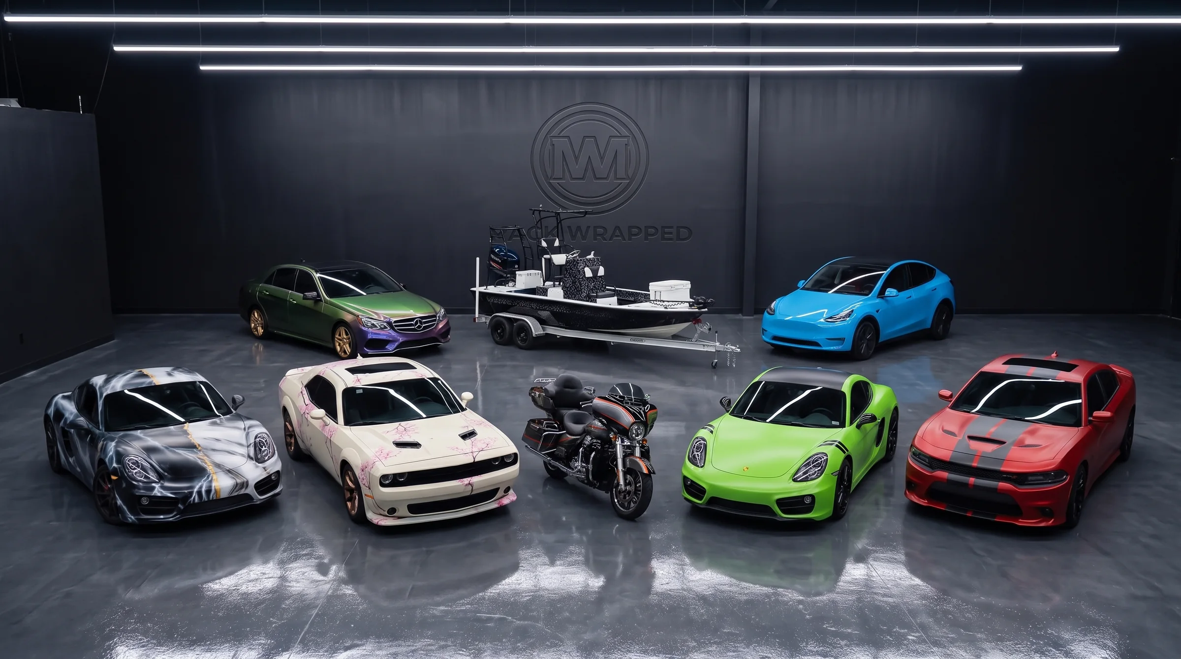 Eight Mack Wrapped builds together in the studio: two Porsche Caymans, a Mercedes E-Class, a Dodge Challenger, a Dodge Charger, a Tesla Model Y, a bay boat and a Harley-Davidson